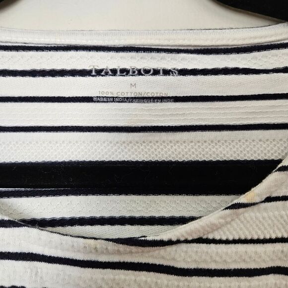 Talbots Top Crewneck Blouse Tie Front 3/4 Sleeve Striped White Black Texture - Picture 7 of 9
